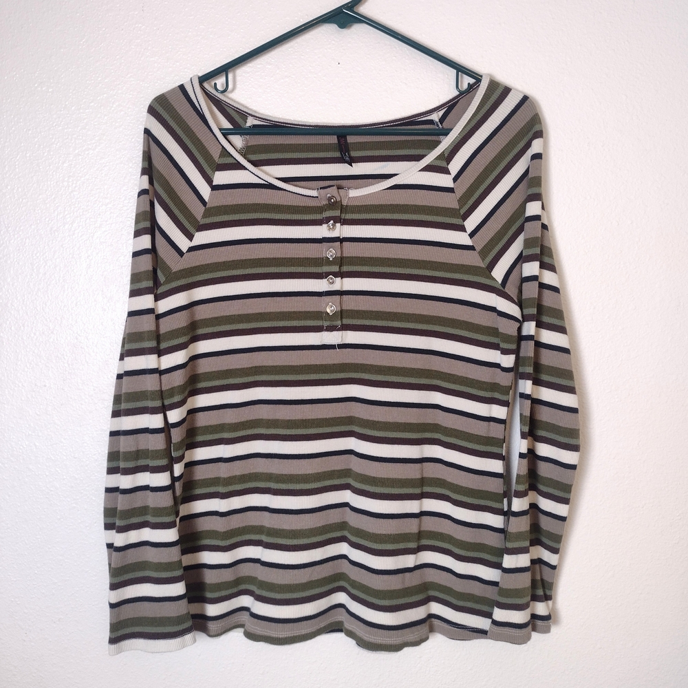 JW Style Striped Ribbed Round Neck Henley Long Sleeve T-Shirt Green Large